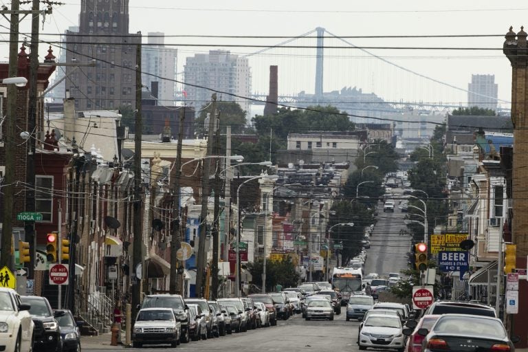 A view looking down Front Street towards the Benjamin Franklin Bridge