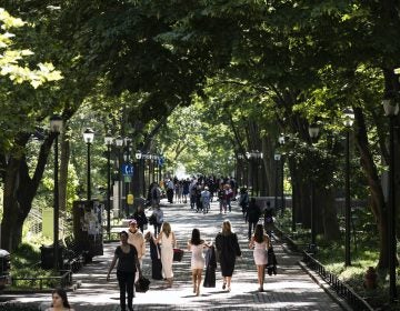People walk along University of Pennsylvania's campus in the spring