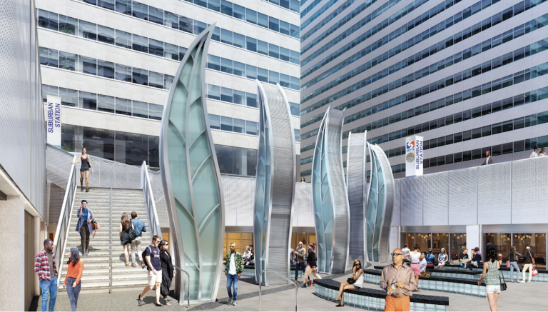 An artist's rendering shows Penn Center's sunken SEPTA transit concourse renovated with public art, seating and retail. (Center City District)