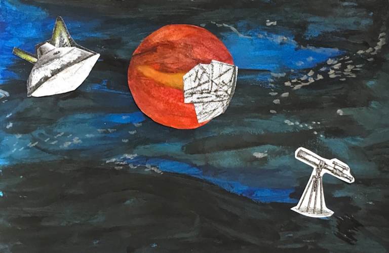 A watercolor and collage illustration of Mars in space with satellites