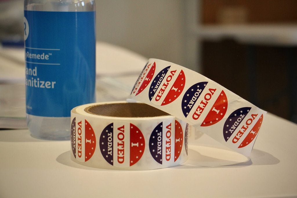 A closeup of "I Voted Today" stickers at a polling place