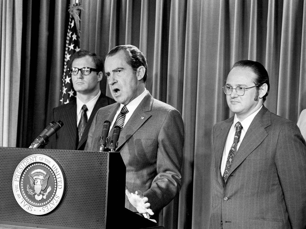 President Richard Nixon speaks from a podium