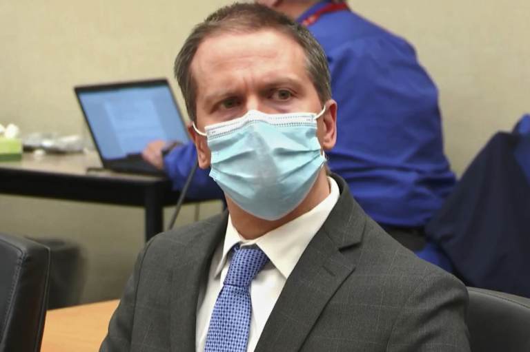 Former Minneapolis police Officer Derek Chauvin listens to verdicts at his trial in April for the 2020 death of George Floyd at the Hennepin County Courthouse in Minneapolis. Chauvin was convicted of murder and manslaughter charges in state court and is scheduled to be sentenced June 25.
Court TV via AP