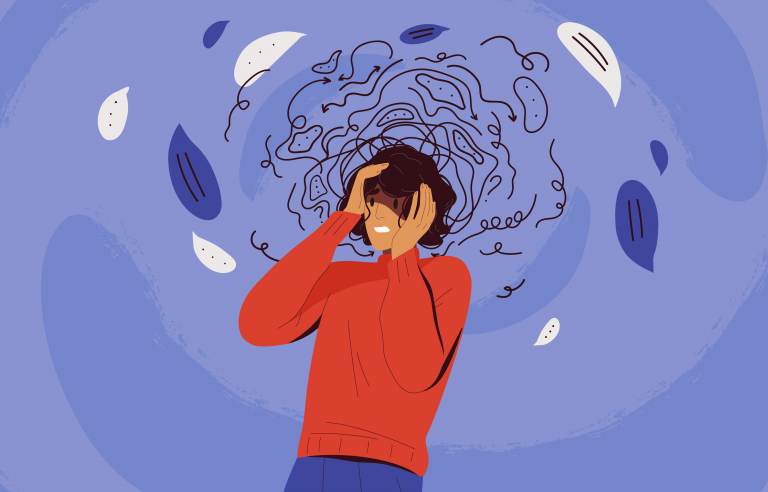Frustrated woman with nervous problem feel anxiety and confusion of thoughts illustration