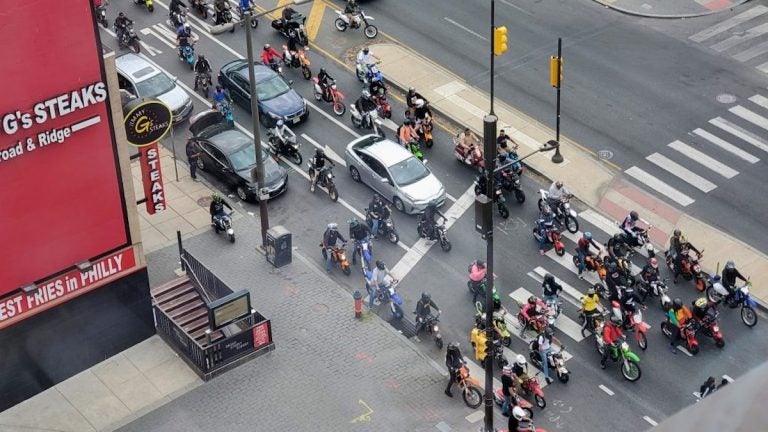 A group of dirt bike riders on North Broad Street in May 2020 (Mark Henninger / Imagic Digital)