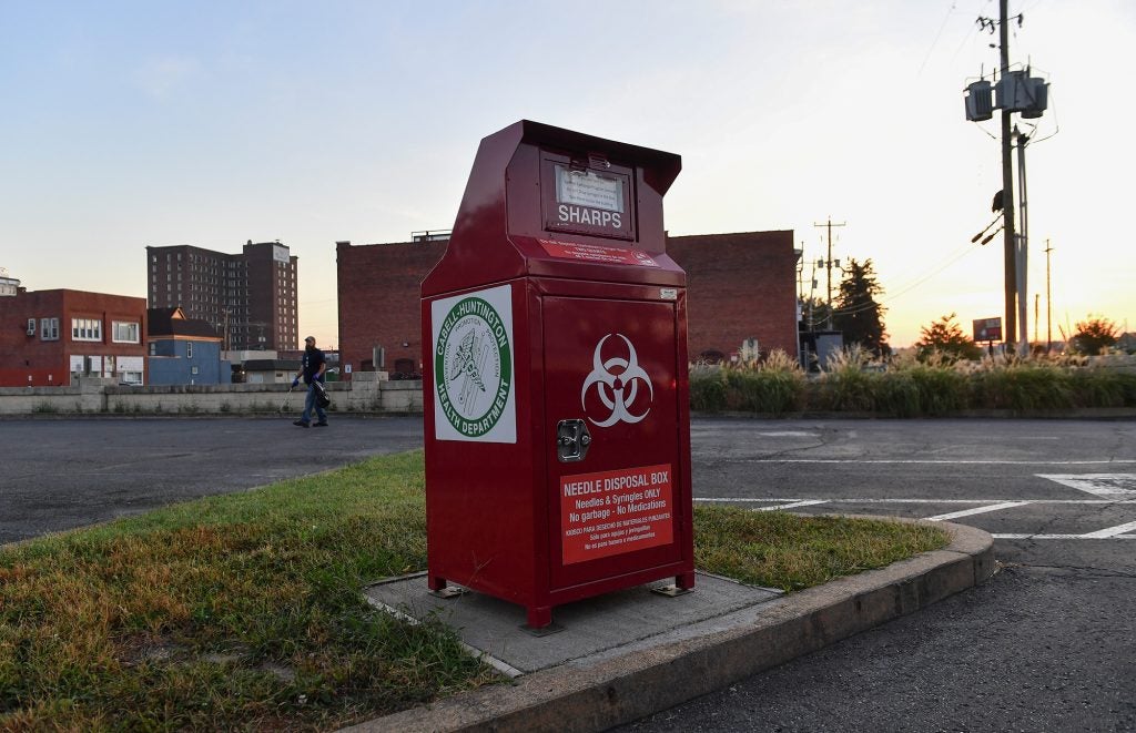 A needle disposal box at the Cabell-Huntington Health Department