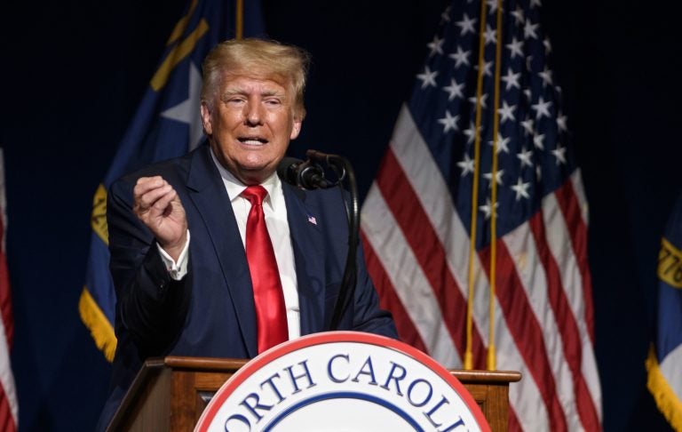 Former President Donald Trump is seen here addressing the NCGOP convention on June 5. (Melissa Sue Gerrits/Getty Images)