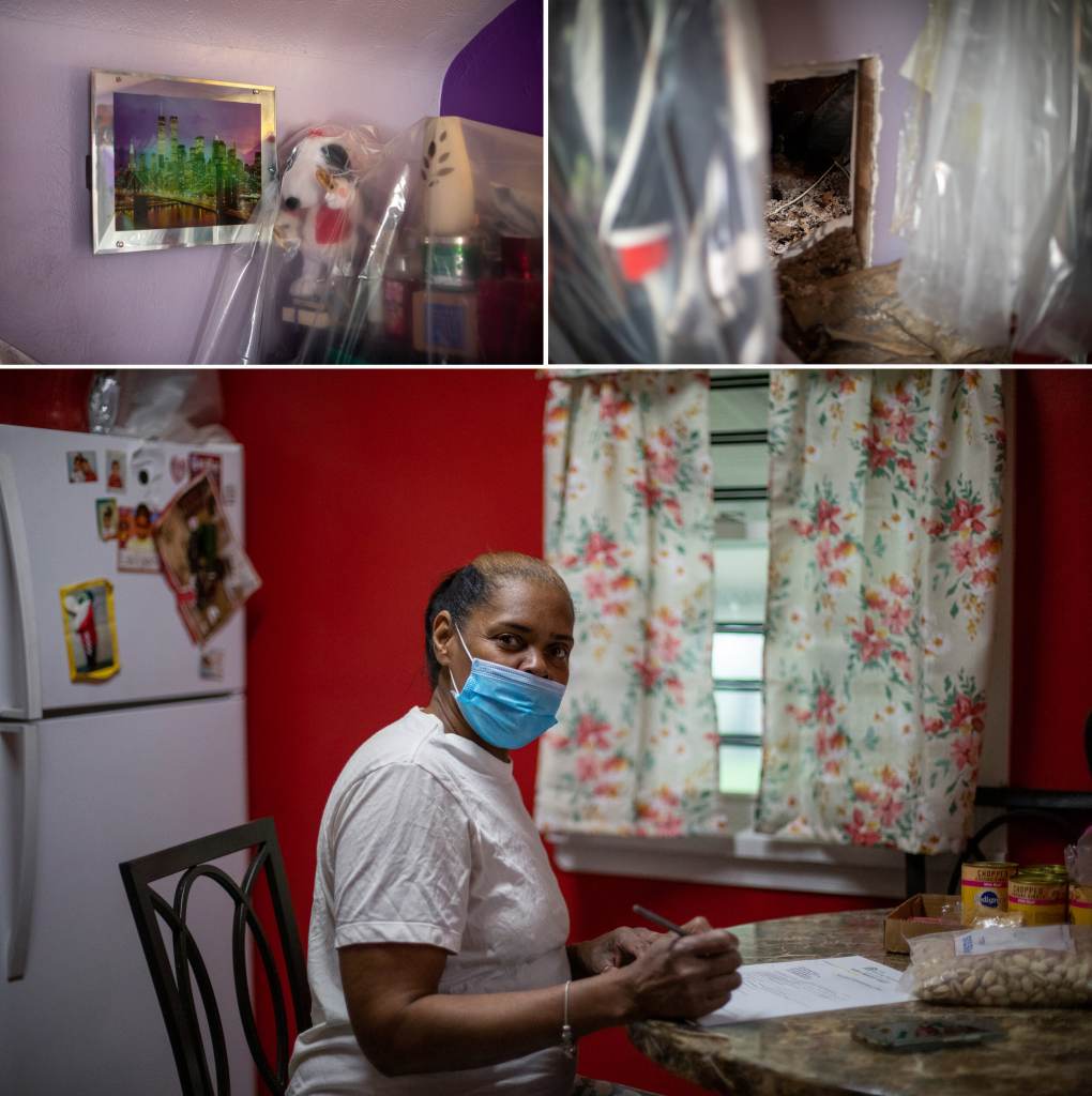 Top: Plastic hangs over belongings in Flora's home; Bottom: Flora sits with a face mask on in her kitchen