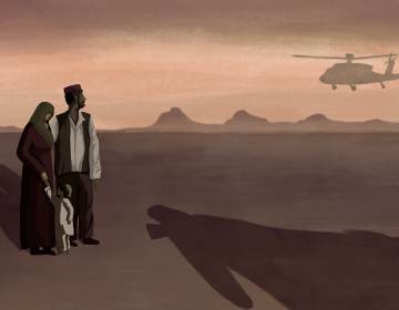 An illustration of a family in Afghanistan, with helicopters in the distance