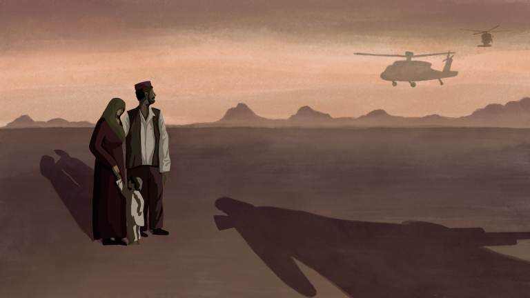 An illustration of a family in Afghanistan, with helicopters in the distance