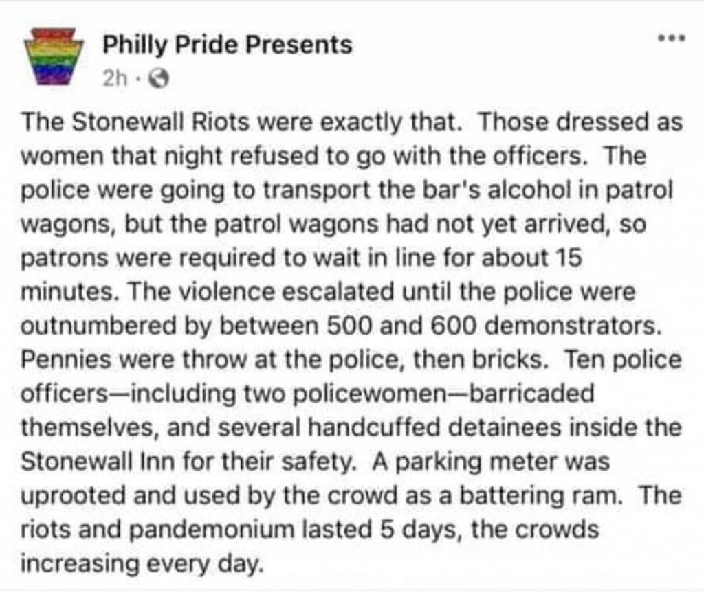 A screenshot of a now deleted Philly Pride Presents Facebook post about the 1969 Stonewall Riots