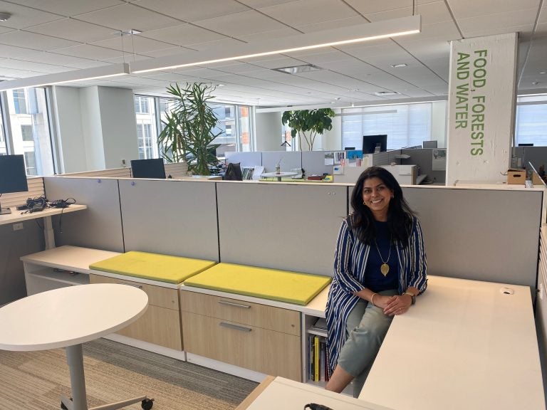 Renuka Iyer, Chief Human Resources Officer for the World Resources Institute, sits in the empty office. All of their staff have been working remotely since March 2020. Renuka Iyer sits in an empty office