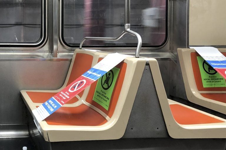 Social distancing signage on SEPTA. (Billy Penn / WHYY)