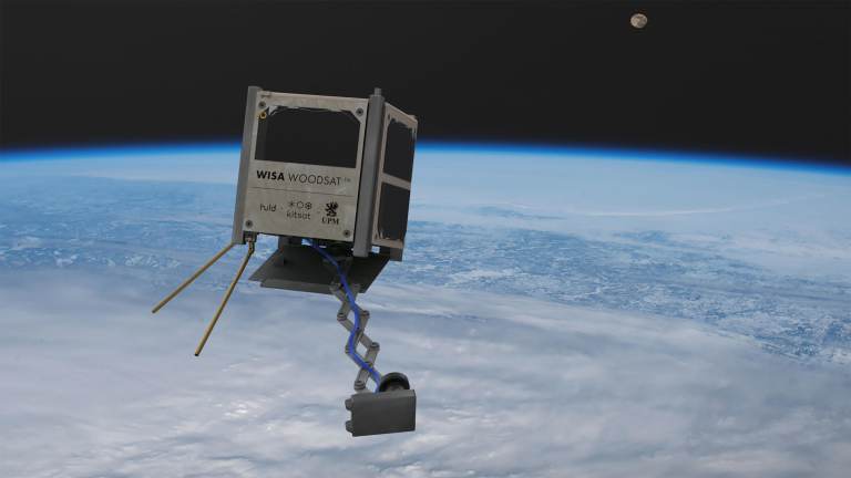WISA Woodsat, seen in an artist's rendering, is billed as the world's first wooden satellite. It's set to be launched from New Zealand before the end of the year.
Arctic Astronautics/ESA
