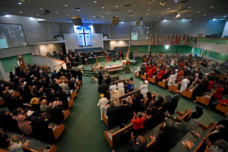 The funeral for former Camden Mayor Gwen Faison on July 21 at Antioch Baptist Church in Camden. (April Saul for WHYY)