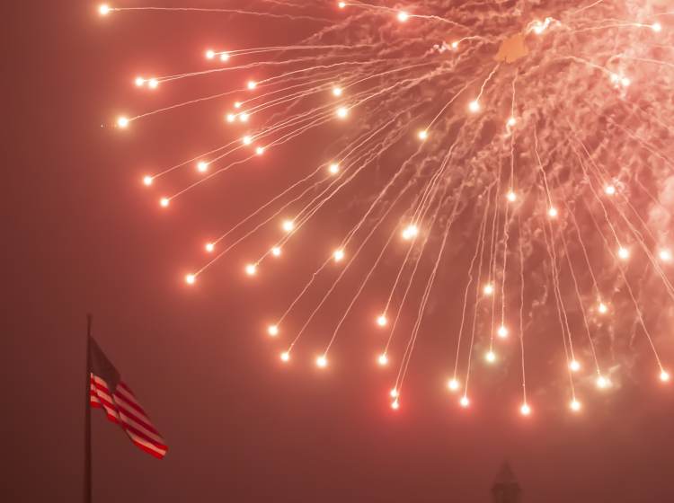 JULY 4TH FIREWORKS AT PHILADELPHIA MUSEUM OF ART An American flag flutters as fireworks rain down during the July Fourth fireworks display at the Philadelphia Museum of Art. (Jonathan Wilson for WHYY)
