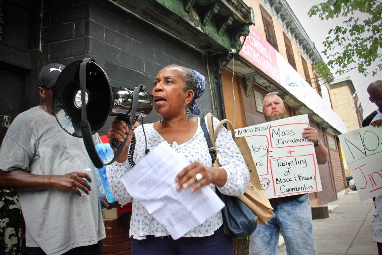 Patricia Vickers, whose son was sentenced to life in prison when he was 17, speaks out against mandatory minimum sentences, such as those proposed by state Rep. Amen Brown. (Emma Lee/WHYY)