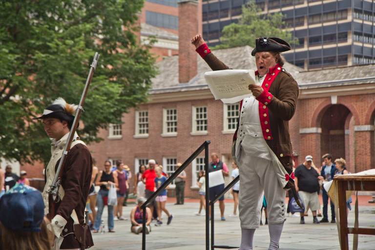 Actors perform a reading of the Declaration of Independence at Independence Hall