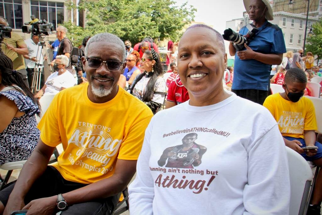 Thomas and Janet Harrington wear custom t-shirts at Trenton City Hall