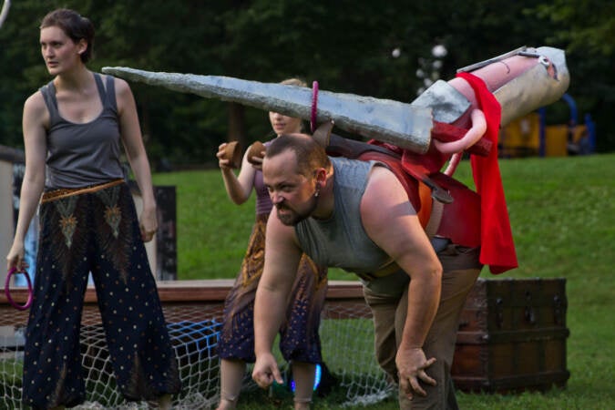 A Shakespeare in Clark Park production features the ensemble using puppets and circus arts