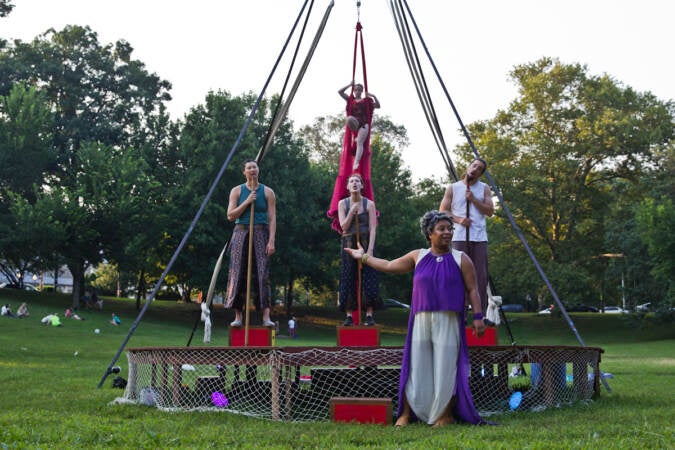 A Shakespeare in Clark Park production features the ensemble using puppets and circus arts