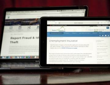 Web pages used to show information for collecting unemployment insurance in Virginia, right, and reporting fraud and identity theft in Pennsylvania, are displayed on the respective state web pages, Friday, Feb. 26, 2021, in Zelienople, Pa. (AP Photo/Keith Srakocic)