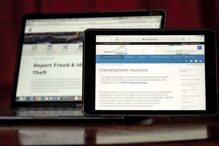 Web pages used to show information for collecting unemployment insurance in Virginia, right, and reporting fraud and identity theft in Pennsylvania, are displayed on the respective state web pages, Friday, Feb. 26, 2021, in Zelienople, Pa. (AP Photo/Keith Srakocic)
