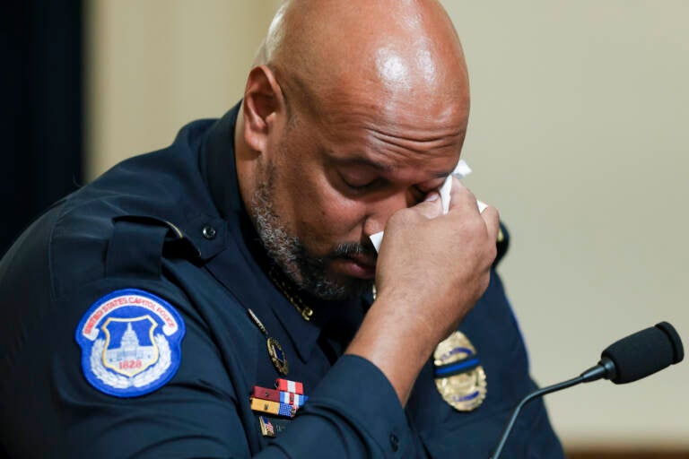 U.S. Capitol Police officer Harry Dunn becomes emotional as he testifies before the House Select Committee investigating the January 6 attack on the U.S. Capitol on July 27, 2021 at the Canon House Office Building in Washington, DC.
(Photo by Oliver Contreras for The New York Times)