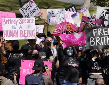 Britney Spears fans hold signs outside a court hearing