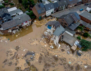 An overhead view of destroyed houses in Erftstadt-Blessem