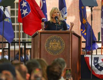 First Lady Dr. Jill Biden speaks at Independence Hall on The Fourth of July as a part of the annual Celebration of Freedom event. (Michael Reeves / Billy Penn)