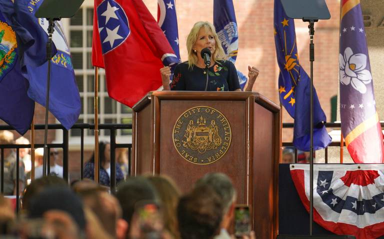 First Lady Dr. Jill Biden speaks at Independence Hall on The Fourth of July as a part of the annual Celebration of Freedom event. (Michael Reeves / Billy Penn)