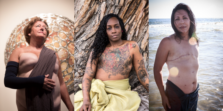 Three breast cancer patients are pictured individually, wrapped in fabric as gods and goddesses