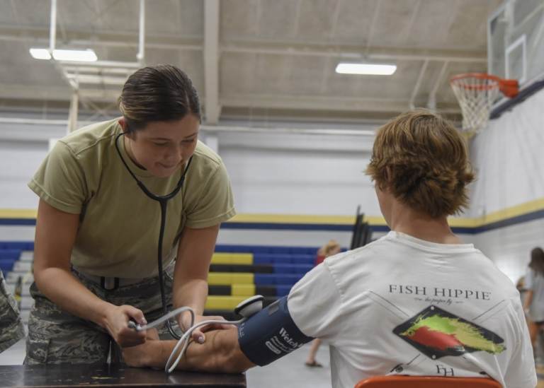 U.S. Air Force Airman 1st Class Sarah Dickmann, a medical technician with the 187th Air Refueling Wing in Milwaukee, Wisconsin, takes part in a 2018 Innovative Readiness Training Mission in Monroeville, Alabama. (U.S. Air National Guard photo by Airman Cameron Lewis)