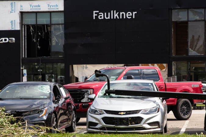 The GMC Dealership in Bensalem, Pa., suffered major damage due to a tornado that touched down on the evening of Thursday, July 29, 2021. (Kimberly Paynter/WHYY)