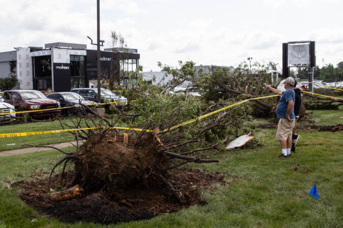 The GMC Dealership in Bensalem, Pa., suffered major damage due to a tornado that touched down on the evening of Thursday, July 29, 2021. (Kimberly Paynter/WHYY)