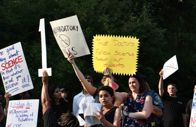 Pediatric infectious disease physician Anusha Visnawathan calls upon the Central Bucks school board to require protective masks when schools open this fall to protect against the spread of COVID-19. (Emma Lee/WHYY)