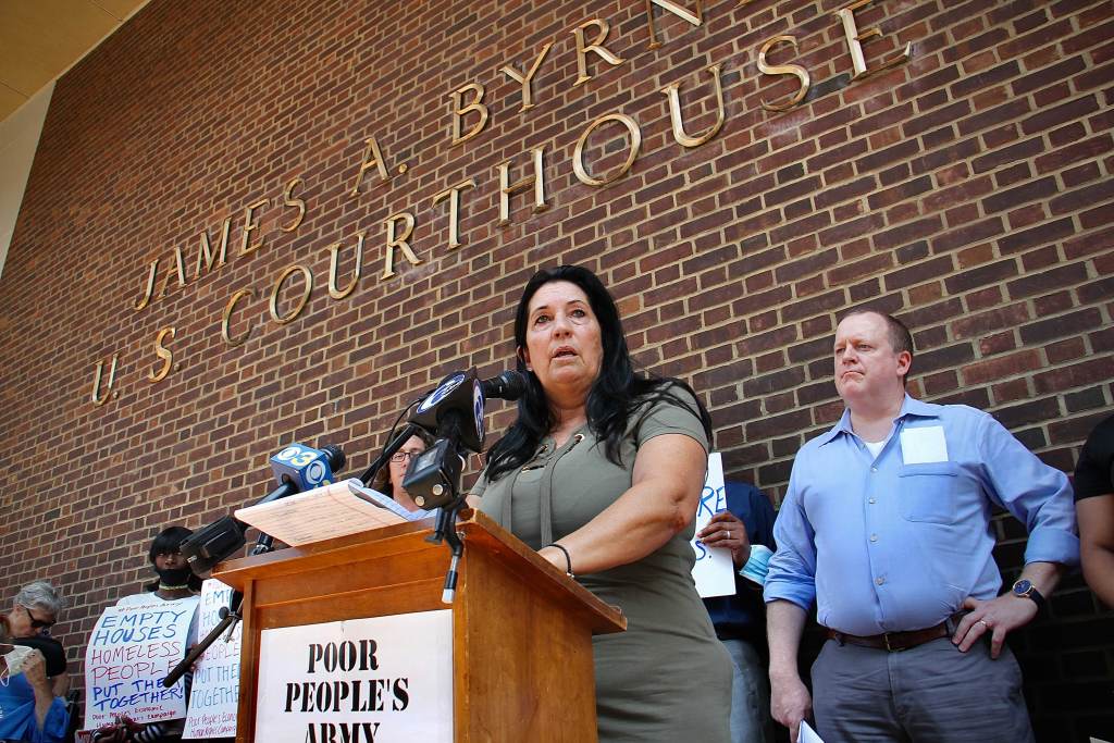 Cheri Honkala speaks outside the federal courthouse in Philly