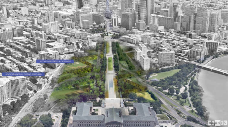 An artist's rendering shows the Benjamin Franklin Parkway as reimagined by the Philadelphia firm DIGSAU and DLANDstudio of New York. (DIGSAU and DLANDstudio) 