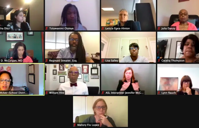 Shown is Philadelphia’s Board of Education during a virtual meeting. Angela McIver, left third row, announced her resignation at Thursday’s meeting.  (Johann Calhoun / Chalkbeat)