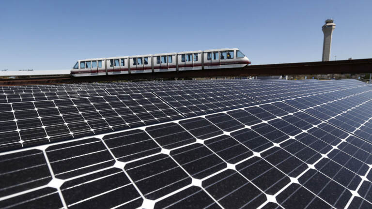 Rooftop solar panels are pictured at Newark Liberty International Airport