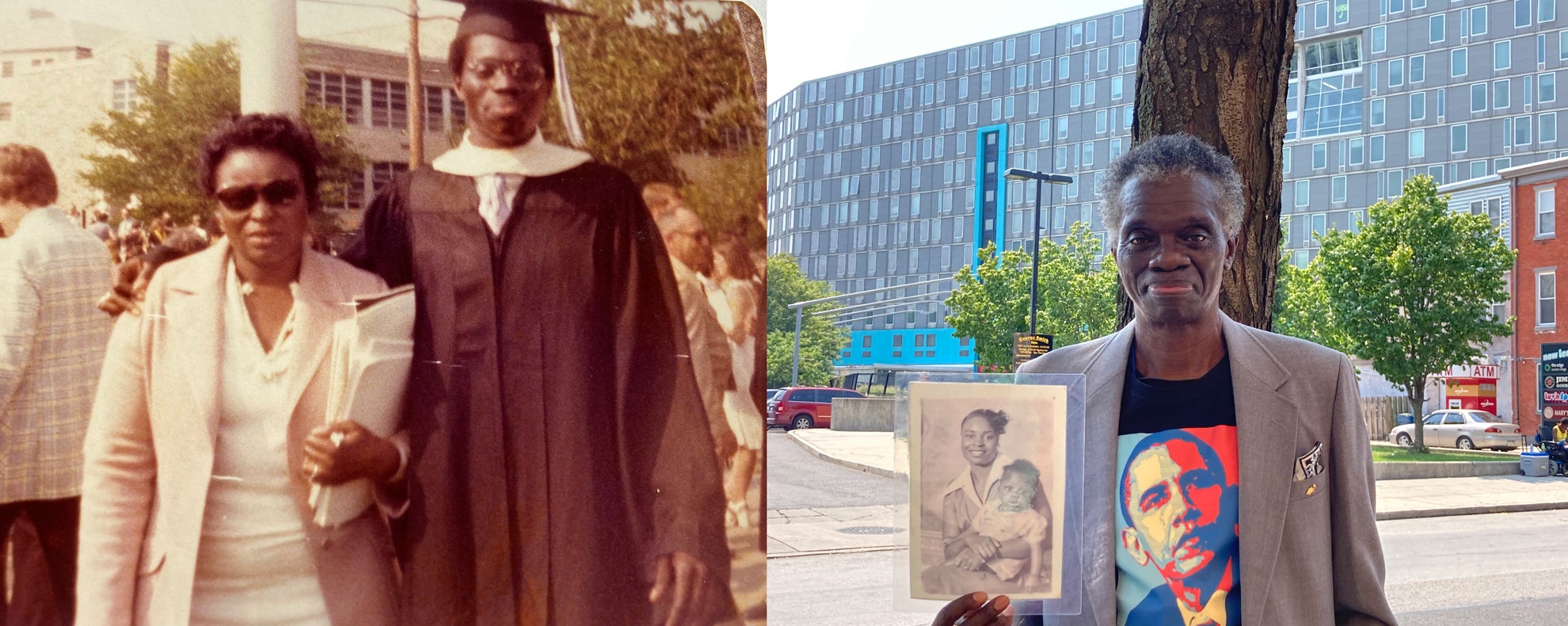 Left image: Bruce Wiley and his mother Voleta McNair, right image: Bruce Wiley holding an old photograph of his mom holding him as a toddler