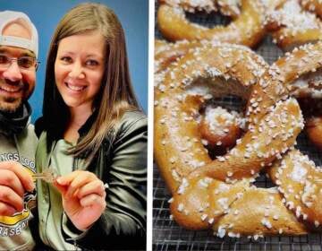 Anthony Panara and Charlene Delia hold up a key to their pretzel shop; a closeup of a soft pretzel