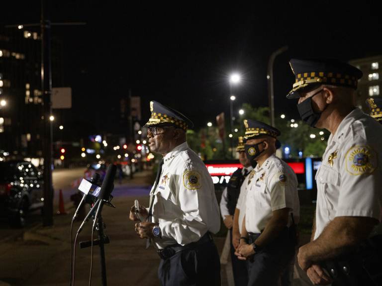 Chicago police Superintendent David Brown talks with members of the press