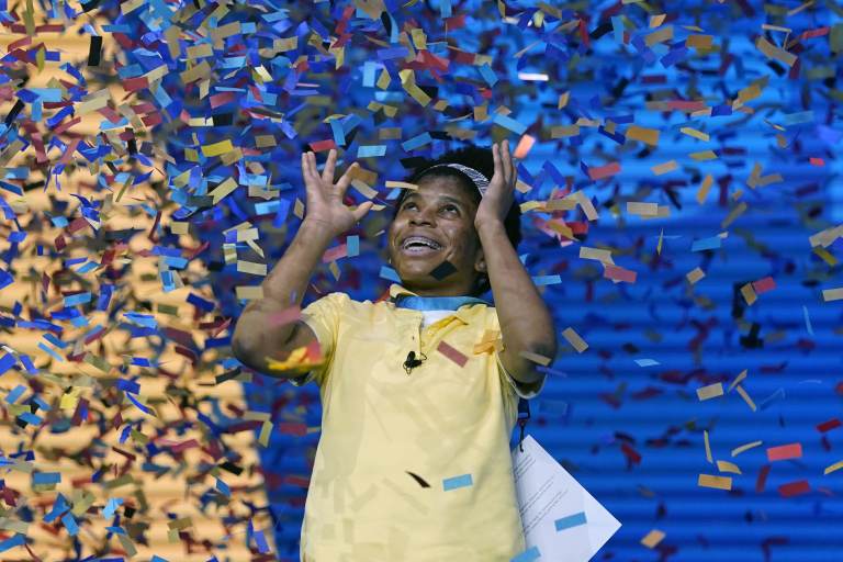 Zaila Avant-garde, 14, from Harvey, La., celebrates winning the finals of the 2021 Scripps National Spelling Bee at Disney World on Thursday. (John Raoux/AP)