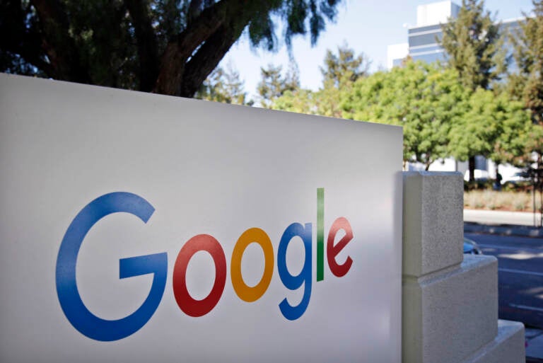 A Google sign is seen outside the company's headquarters