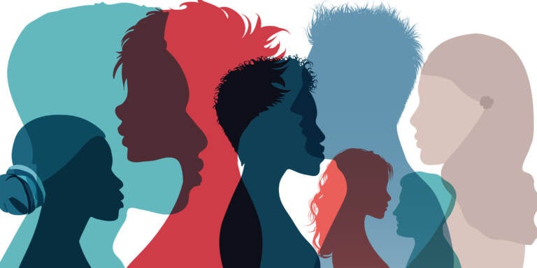 Silhouette profile group of men women and girl of diverse culture