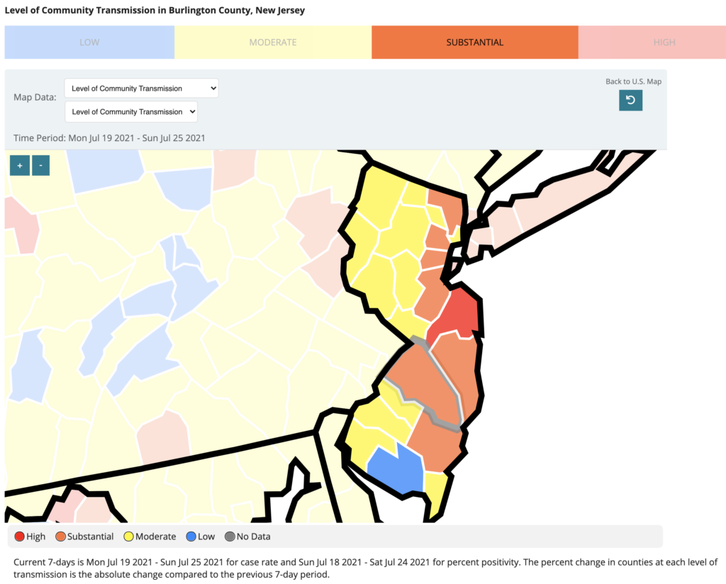 A map illustrates the level of community transmission of COVID-19 across New Jersey. 