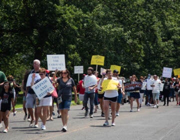 The members of the Carousel House protest made their way onto Belmont Ave to stop traffic and make their point heard, “Repair and Reopen for the disabled community”. (Emily Cohen for WHYY)