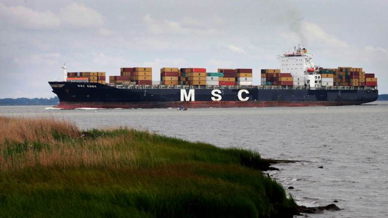 A container ship on the Delaware River.